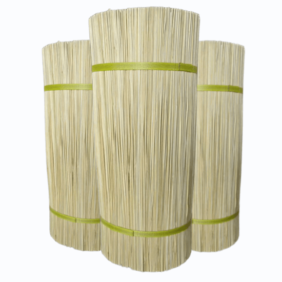 Bundles of vertically stacked bamboo sticks.